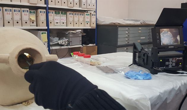 Un técnico introduce el equipo de videoendoscopia en una de las ánforas Un técnico introduce el equipo de videoendoscopia en una de las ánforas