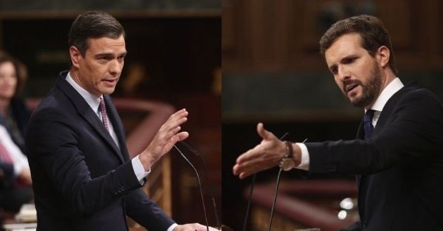 Montaje del presidente del Gobierno en funciones, Pedro Sánchez, y el líder del PP, Pablo Casado, durante el debate de investidura Montaje del presidente del Gobierno en funciones, Pedro Sánchez, y el líder del PP, Pablo Casado, durante el debate de investidura