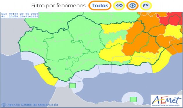 Mapa meteorológico de AEMET con los avisos activos mañana lunes Mapa meteorológico de AEMET con los avisos activos mañana lunes