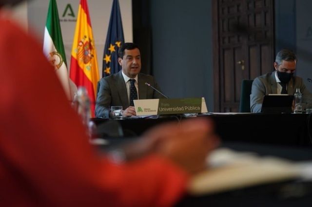 El presidente de la Junta de Andalucía, Juanma Moreno, durante su intervención El presidente de la Junta de Andalucía, Juanma Moreno, durante su intervención