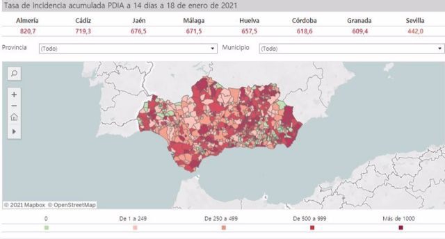 Mapa de incidencia del Covid-19 en Andalucía por municipios a 18 de enero de 2021 Mapa de incidencia del Covid-19 en Andalucía por municipios a 18 de enero de 2021