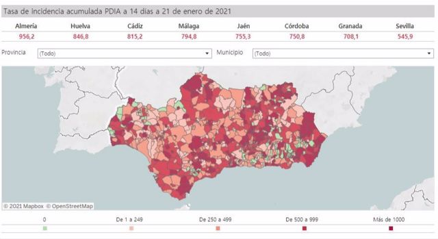 Mapa de Andalucía con la incidencia del Covid.19 por municipios a 21 de enero de 2021 Mapa de Andalucía con la incidencia del Covid.19 por municipios a 21 de enero de 2021