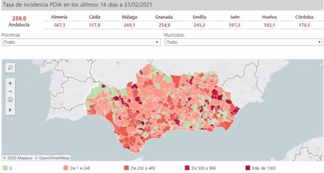 Mapa de incidencia del Covid-19 en Andalucía por municipios a 23 de febrero de 2021 Mapa de incidencia del Covid-19 en Andalucía por municipios a 23 de febrero de 2021