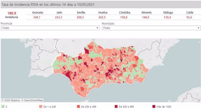 Mapa de Andalucía con nivel de incidencia de Covid-19 por municipios a 10 de mayo de 2021 Mapa de Andalucía con nivel de incidencia de Covid-19 por municipios a 10 de mayo de 2021