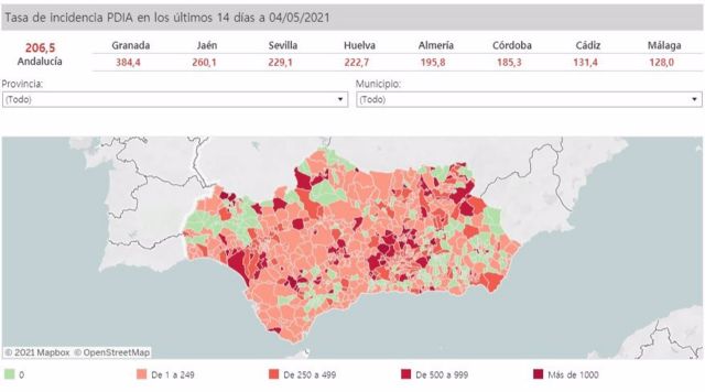 Mapa de Andalucía con nivel de incidencia de Covid-19 por municipios a 4 de mayo de 2021 Mapa de Andalucía con nivel de incidencia de Covid-19 por municipios a 4 de mayo de 2021