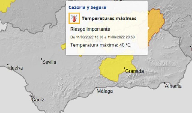 Mapa meteorológico de AEMET con los avisos por calor previstos para mañana jueves en Andalucía