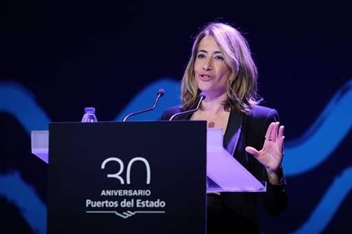 La ministra de Transportes, Movilidad y Agenda Urbana, Raquel Sánchez, durante su intervención en el 30 aniversario de Puertos del Estado