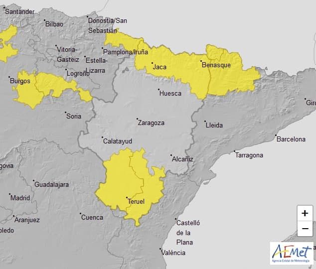 Avisos amarillos por nevadas, vientos y temperaturas mínimas en Aragón