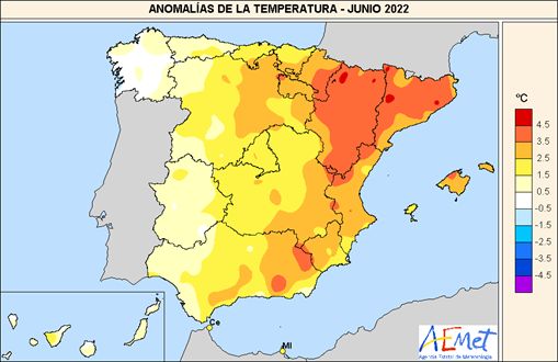 Anomalías térmicas en junio de 2022