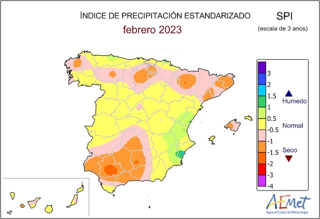 Índice de precipitación estandarizado (SPI) a treinta y seis meses, calculado a finales de febrero de 2023. Valores inferiores a -1 indican sequía meteorológica